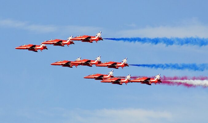 Red Arrows RAF display team flying in formation