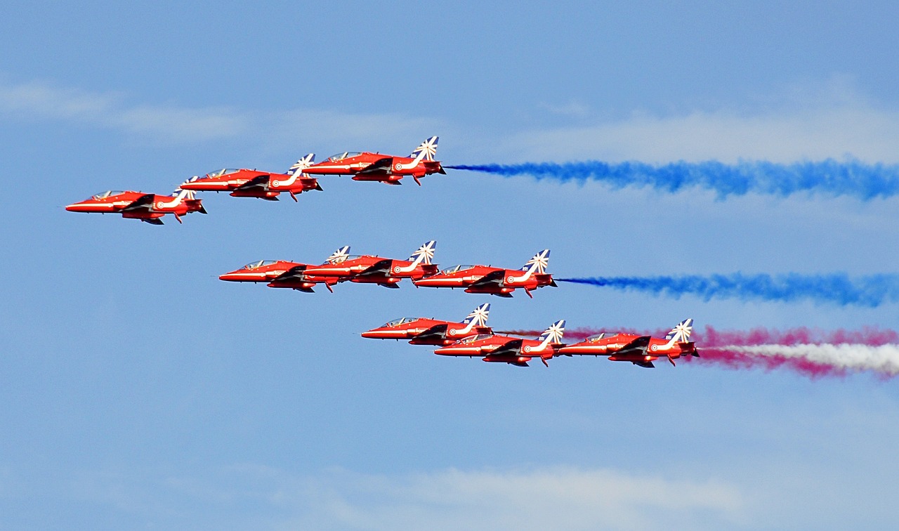 Red Arrows RAF display team flying in formation